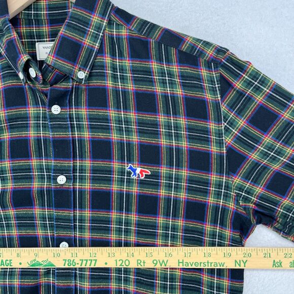 MAISON KITSUNE Shirt Mens 40 L Tartan Plaid Flannel Tricolor Fox Cotton Green - Picture 12 of 14